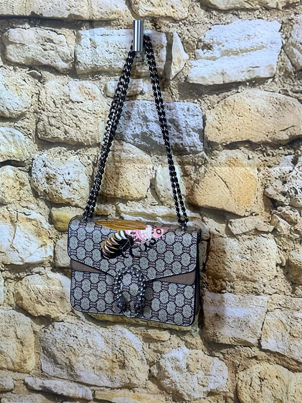 Monogram Shoulder Bag with Embroidered Bee and Crystal Clasp